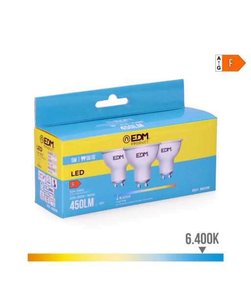 Kit 3 bombillas dicroicas led gu10 5 w 450 lm 6400 k luz fria ø5 x 5,5 cm